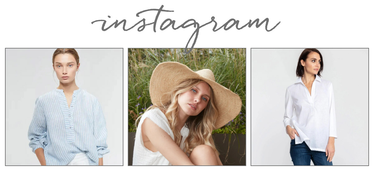 A collage of three photos under the handwritten text "instagram," showcasing models in various outfits: a model in a light blue striped blouse, another model in a straw hat and white sleeveless top, and a model in a white button-up shirt with jeans. Fearrington Village