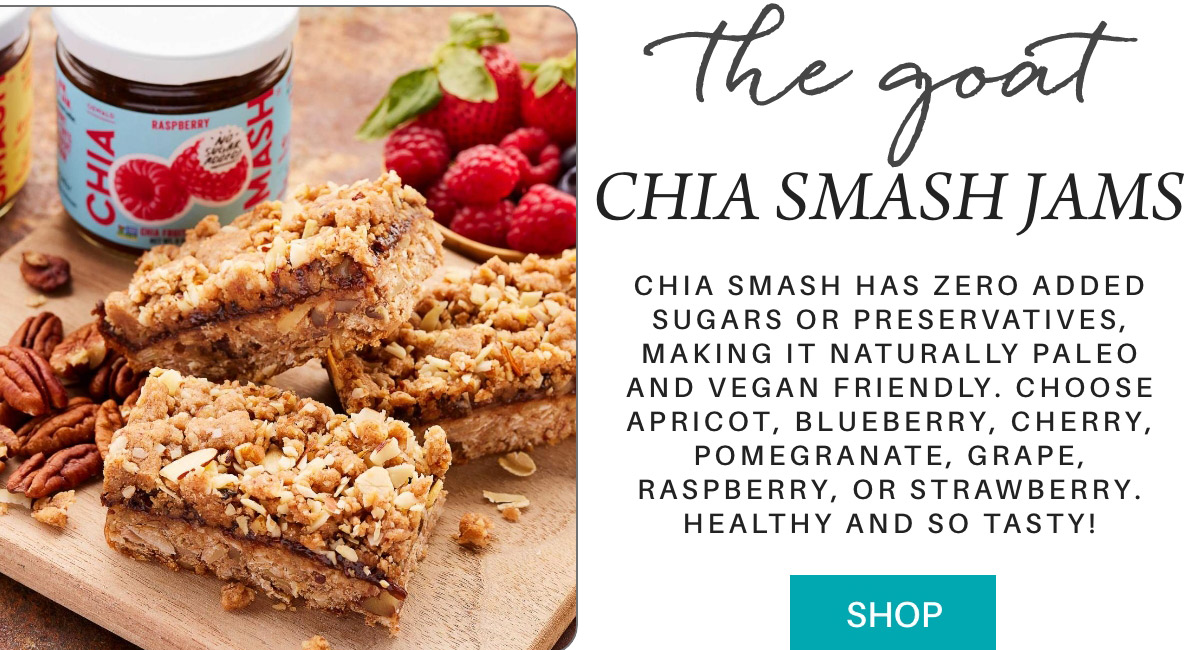 An image promotes Chia Smash Jams with text including the flavors available and healthy attributes. Next to a jar of raspberry jam, pecans, and fresh raspberries, are crumbly bars with a chia seed jam filling. A "Shop" button is at the bottom. Fearrington Village