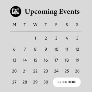 A calendar page titled "Upcoming Events" with days of the week listed from Monday to Sunday and dates from 1 to 30. A "Click Here" button is at the bottom right corner. The background is gray. Fearrington Village