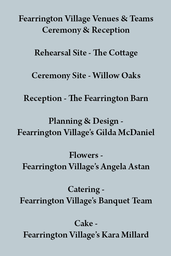 Text listing wedding services at Fearrington Village. Includes venues and teams for ceremony and reception: The Cottage, Willow Oaks, The Fearrington Barn. Planning & Design by Gilda McDaniel, Flowers by Angela Astan, Catering by Banquet Team, Cake by Kara Millard. Fearrington Village