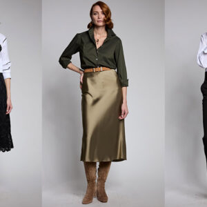 A woman with auburn hair models three different outfits. Left: White blouse with black floral detail and a black lace skirt. Middle: Olive green blouse, gold satin skirt, and tan boots. Right: White blouse, black high-waisted trousers, and nude heels. Fearrington Village