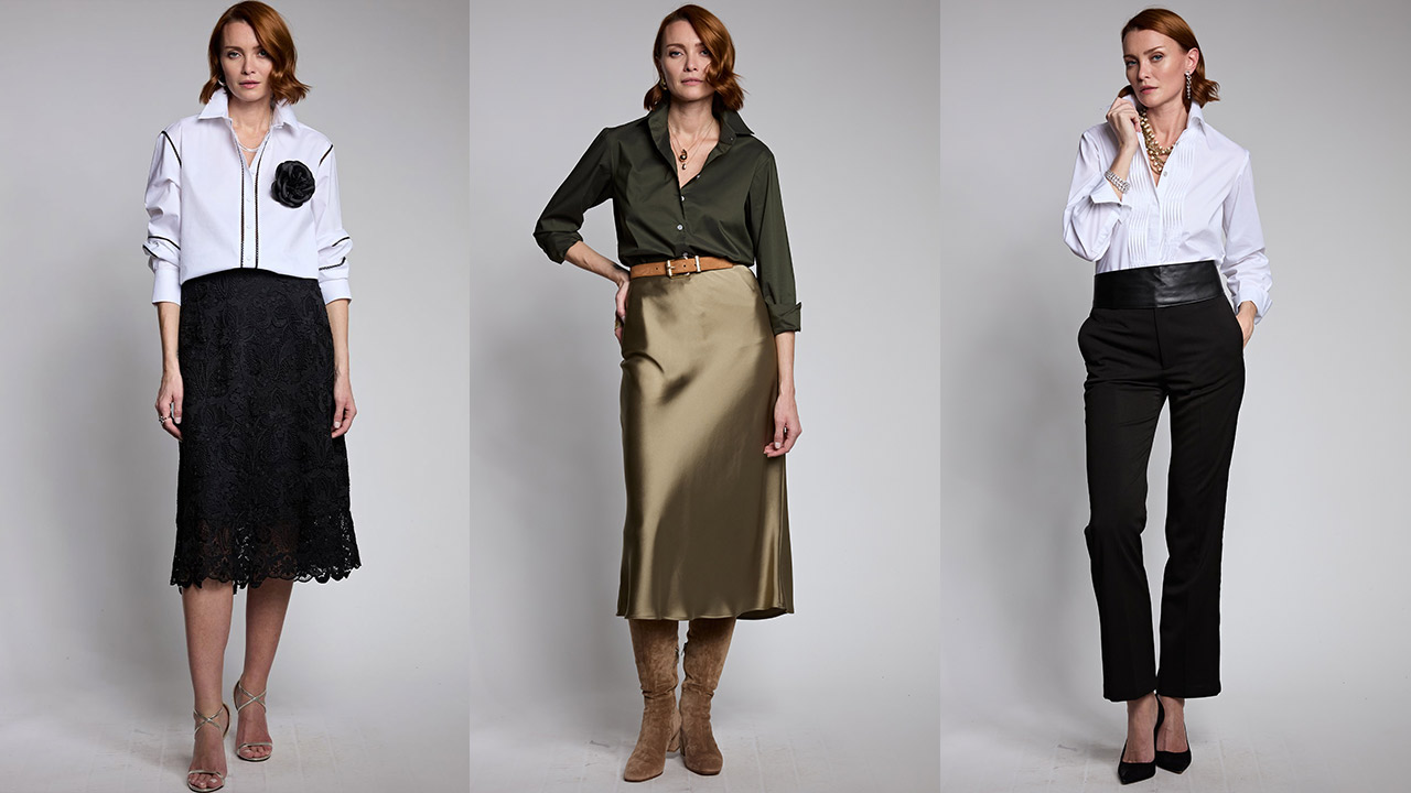 A woman with auburn hair models three different outfits. Left: White blouse with black floral detail and a black lace skirt. Middle: Olive green blouse, gold satin skirt, and tan boots. Right: White blouse, black high-waisted trousers, and nude heels. Fearrington Village