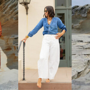 Three women are styled in fashionable outfits. The first wears a burnt orange leather coat over a white outfit with white heels. The second is in a blue denim shirt and white wide-leg pants. The third has a beige turtleneck and black leather skirt, standing barefoot. Fearrington Village