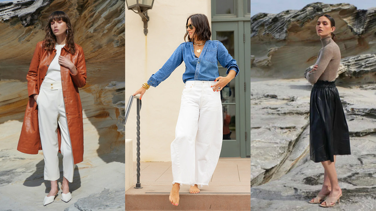 Three women are styled in fashionable outfits. The first wears a burnt orange leather coat over a white outfit with white heels. The second is in a blue denim shirt and white wide-leg pants. The third has a beige turtleneck and black leather skirt, standing barefoot. Fearrington Village