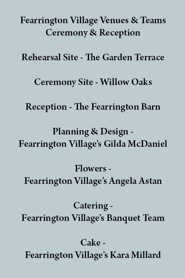 Text listing various services and teams at Fearrington Village for ceremonies and receptions. Includes venues: The Garden Terrace, Willow Oaks, and The Fearrington Barn. Mentions team members responsible for planning, design, flowers, catering, and cake. Fearrington Village