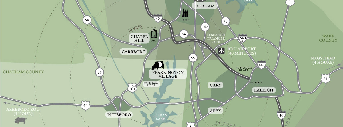 A stylized map highlighting central North Carolina, showing major areas such as Chapel Hill, Durham, Raleigh, and surrounding locations. Landmarks like Fearrington Village, RDU Airport, and roads such as I-40, US-64, and US-15/501 are marked. Fearrington Village