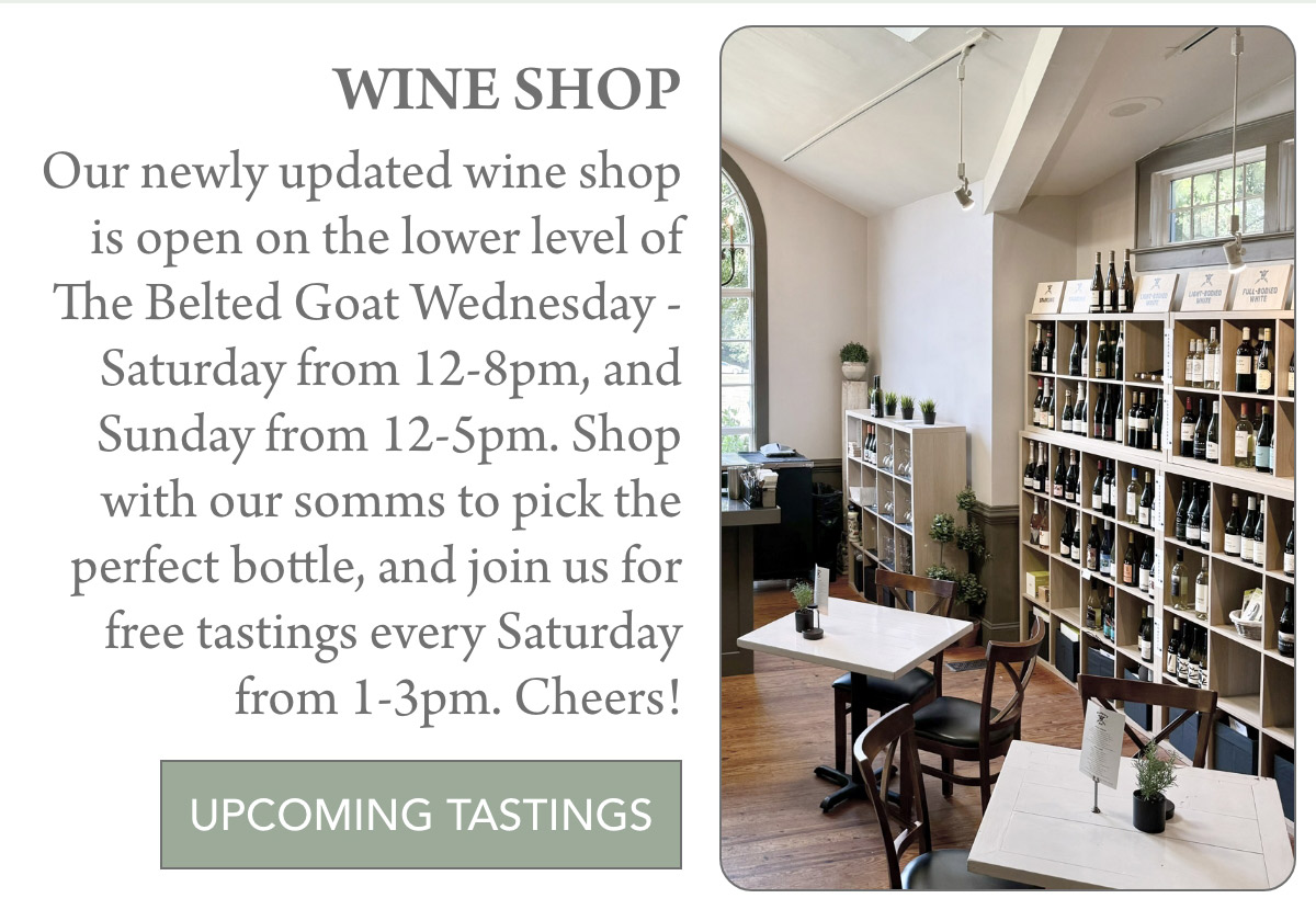 An announcement for a wine shop, accompanied by a photo of the shop's interior. The text mentions the shop's hours and location, notes the availability of sommeliers to help select wines, and promotes free tastings every Saturday. A green button reads "UPCOMING TASTINGS. Fearrington Village