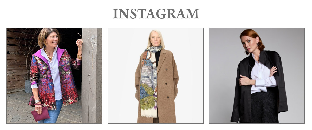 A promotional image displaying three fashion photos: a woman in a colorful floral jacket on the left, another woman in a long brown coat and scarf in the center, and a third woman in a black jacket and white blouse on the right. Text above reads "INSTAGRAM. Fearrington Village