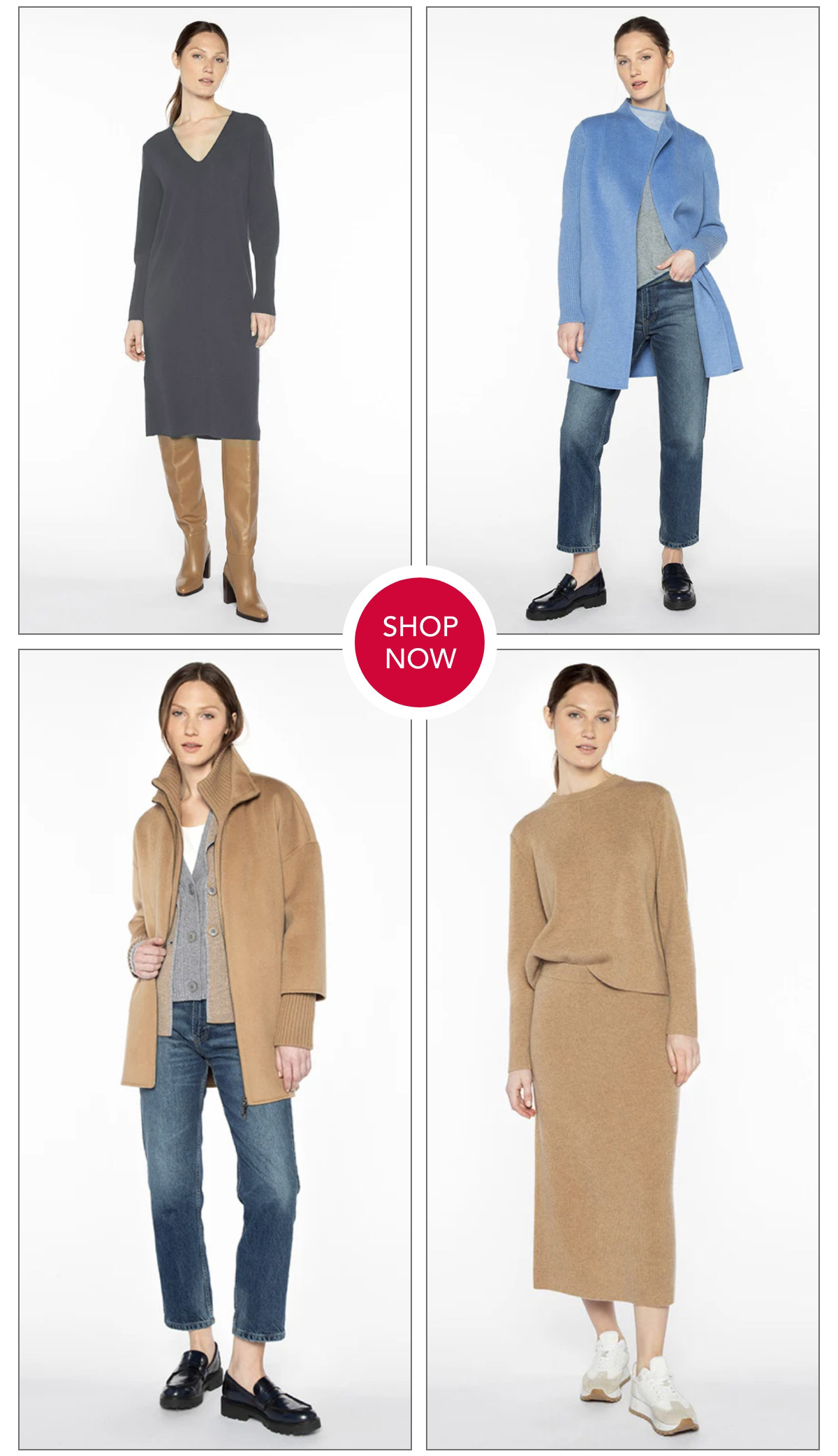 A collage of four outfits featuring women's fall fashion. Top left: gray dress with tan boots. Top right: blue coat over jeans. Bottom left: tan coat over gray shirt and jeans. Bottom right: taupe sweater and matching skirt. "Shop Now" button in center. Fearrington Village