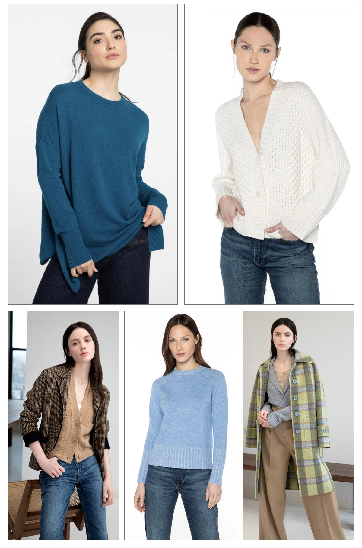 A collage of five women modeling different outfits. Top left: a woman in a blue sweater. Top right: a woman in a white cardigan. Bottom left: a woman wearing a checked blazer with a beige top. Bottom middle: a woman in a blue sweater. Bottom right: a woman in a plaid coat. Fearrington Village