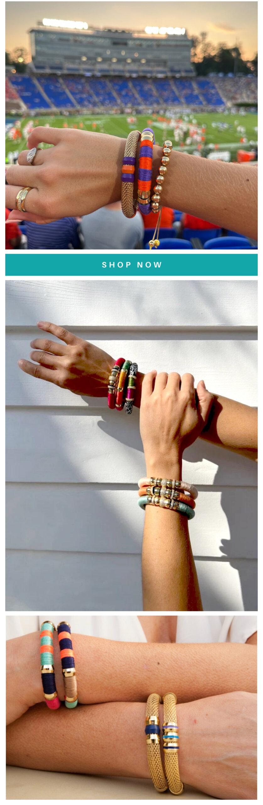 Collage of three images showcasing colorful, beaded bracelets on wrists. Top image shows a wrist with four bracelets in front of a football stadium. The middle image features two wrists with multiple bracelets against a white background. Bottom image shows close-up of two wrists with gold and beaded bracelets. "SHOP NOW" text in the center. Fearrington Village