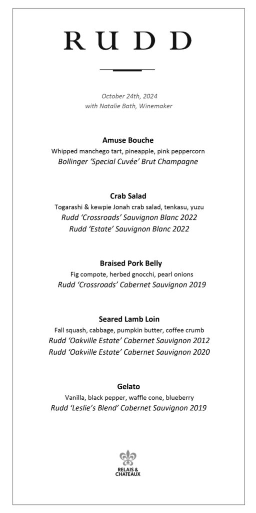 A dinner menu by RUDD featuring a five-course meal. Dishes include Amuse Bouche, Crab Salad, Braised Pork Belly, Seared Lamb Loin, and Gelato. Each course is paired with a specific wine, and the event is on October 24th, 2024, with winemaker Natalie Bath. Fearrington Village