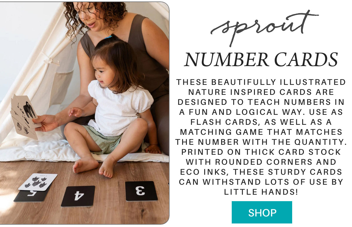 A woman and a young girl sit on the floor with a set of Sprout number cards. The woman helps the child engage with the cards, which are designed to teach numbers through illustrated nature themes. The text on the right promotes the cards' durability and educational value. Fearrington Village