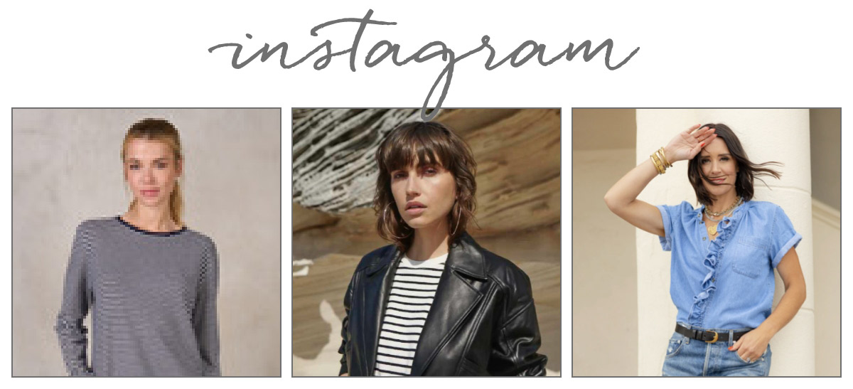 A collage of three women under the word "Instagram." The first woman is wearing a grey top with a ponytail. The second woman is in a striped shirt and leather jacket with short hair. The third woman, with wavy hair, is in a blue blouse, saluting at the camera. Fearrington Village