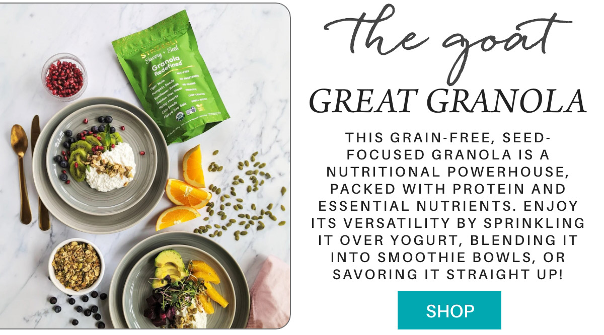 A top-down view of a breakfast scene featuring "The Goat - Great Granola" package, two bowls filled with yogurt, granola, fruits, and seeds, and a plate with orange slices. Text beside the image describes the granola and includes a "SHOP" button. Fearrington Village