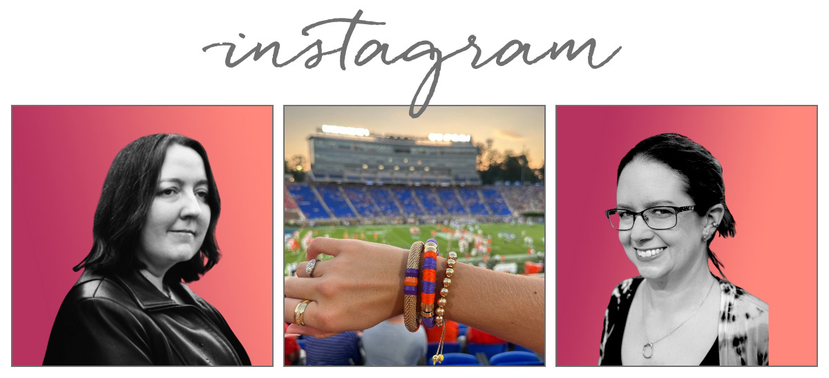 A triptych features three images. The left shows a woman in a leather jacket, shown from the shoulders up. The middle shows a close-up of a wrist adorned with colorful beaded bracelets against a stadium background. The right shows a smiling woman with glasses. Fearrington Village