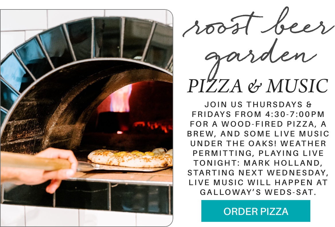 Close-up of a wood-fired pizza oven with a pizza being cooked inside. Text overlay announces "Root Beer Garden Pizza & Music" event with details about live music and pizza on Thursdays and Fridays, and an "Order Pizza" button at the bottom. Fearrington Village