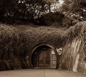 Rudd Estate. A sepia-toned image shows a tunnel entrance partially covered in dense foliage, with a large wooden door at the end. The entrance is surrounded by greenery, and the structure's archway displays the number "1997" above the door. Fearrington Village