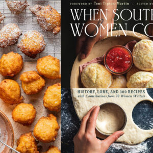 The image shows an assortment of fried dough balls dusted with powdered sugar on the left. On the right, there's a cookbook titled "When Southern Women Cook," featuring hands pressing biscuit shapes into dough, with a plate of biscuits and red sauce above. Fearrington Village