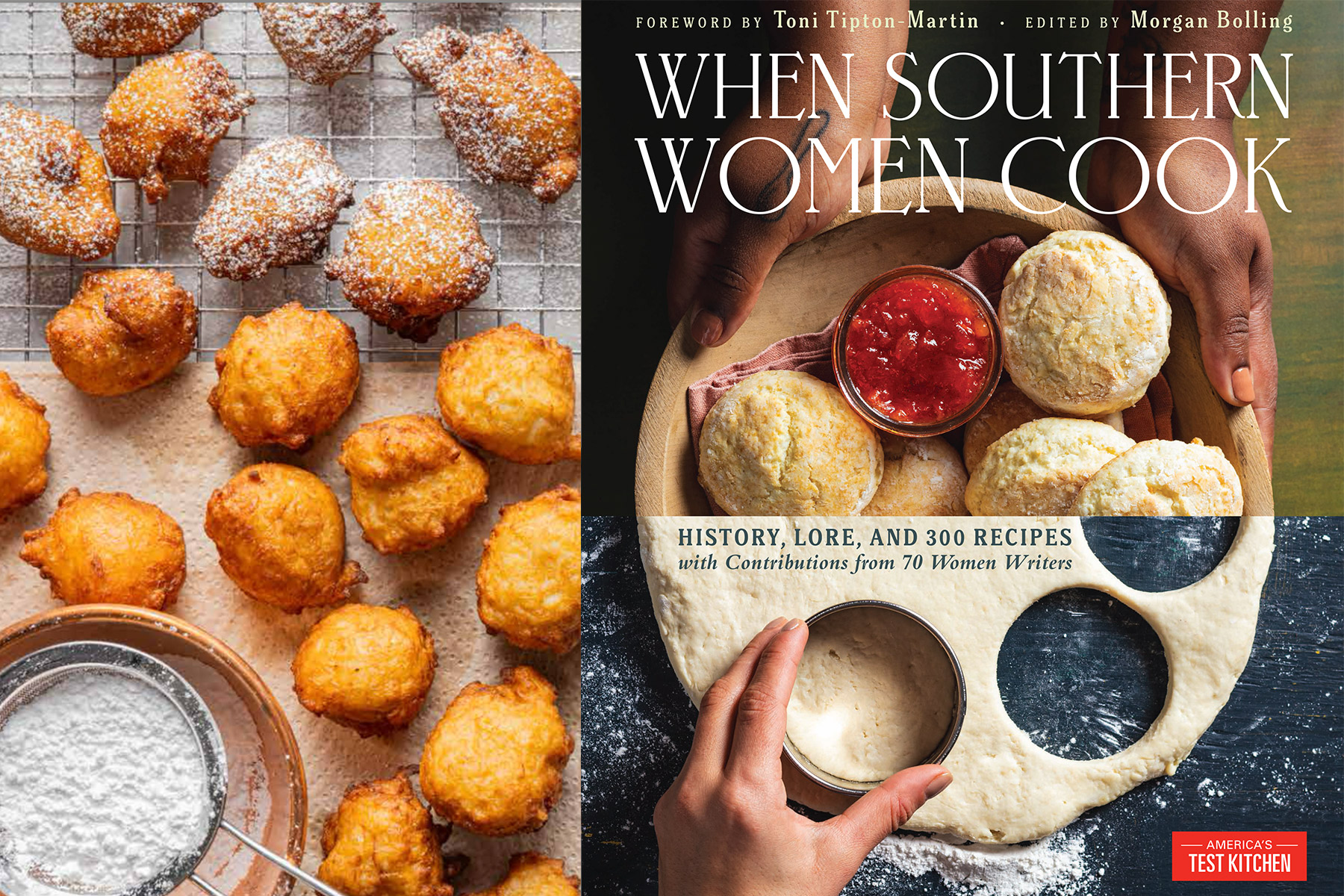 The image shows an assortment of fried dough balls dusted with powdered sugar on the left. On the right, there's a cookbook titled "When Southern Women Cook," featuring hands pressing biscuit shapes into dough, with a plate of biscuits and red sauce above. Fearrington Village