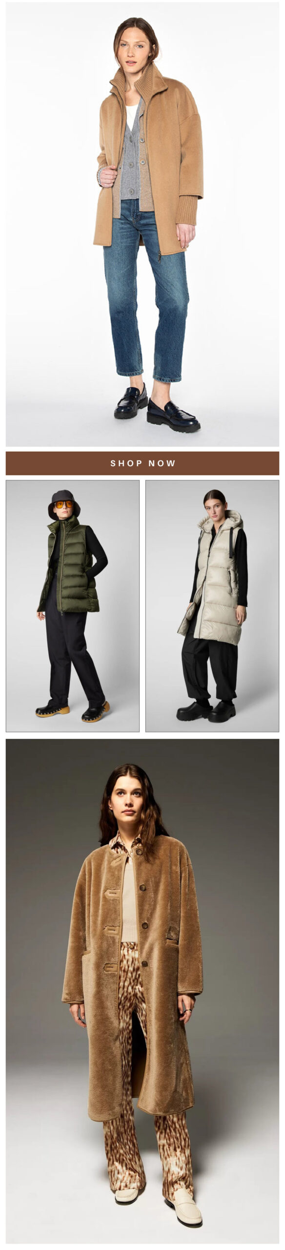 A series of fashion images featuring women wearing various fall outfits: a tan coat over jeans, puffer vests over black outfits, and a long tan fur coat with patterned pants. Each look is styled with casual footwear. Text reads "Shop Now. Fearrington Village