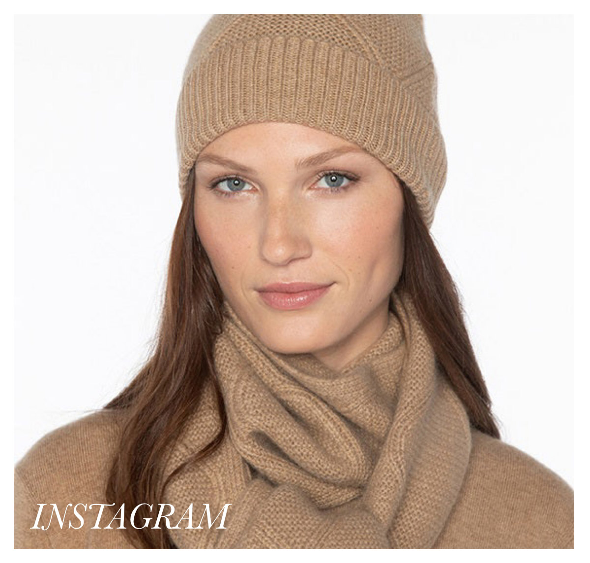 Person wearing a knitted beige hat, scarf, and sweater, with a neutral expression, set against a white background. The word "INSTAGRAM" is in white text on the bottom left corner. Fearrington Village