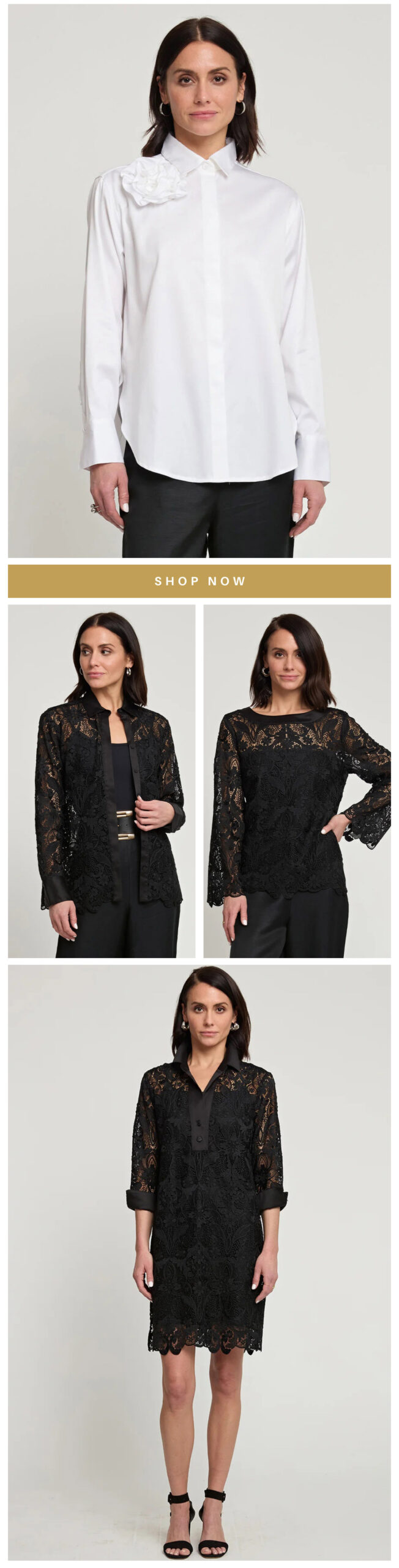 A model showcases three different outfits: a white blouse with black pants, a black lace jacket with a belt over a matching top and pants, and a black lace knee-length dress. Each look is distinctly elegant. Fearrington Village