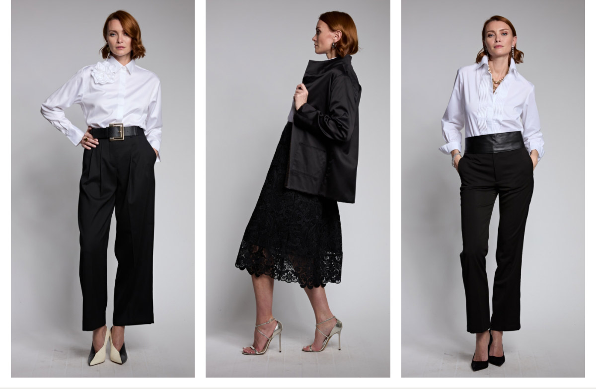 A woman poses in three fashion outfits. Left: white blouse, black high-waisted pants, belt. Middle: black coat, lace skirt, heels. Right: white blouse, black pants, hand in pocket. Neutral background. Fearrington Village