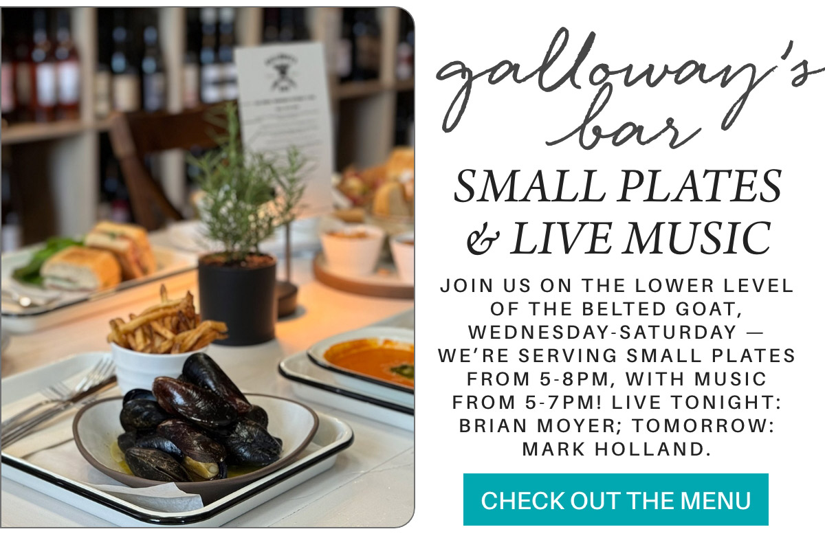 A close-up of a table with plates of food at Galloway's Bar. The text promotes small plates and live music from Wednesday to Saturday, with specific music acts listed. Fearrington Village