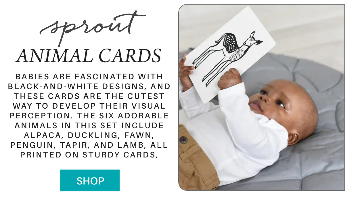 A baby lies on a white blanket, holding an animal card with a black-and-white illustration of a fawn. Text on the left describes "Sprout Animal Cards" as a visual development tool, listing animals included in the set. A teal "Shop" button is below. Fearrington Village