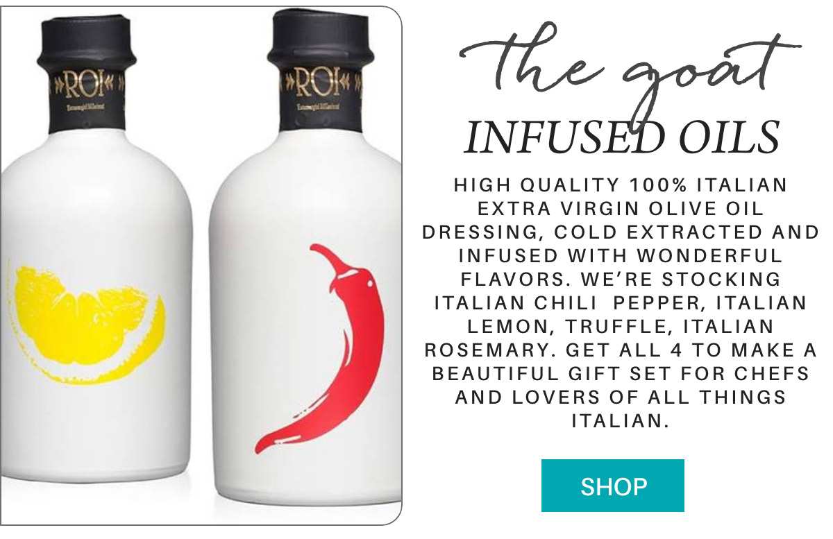 Two bottles of infused olive oil are displayed. One has an image of a lemon slice, the other a chili pepper. Text promotes the oils as high-quality Italian with various flavors like lemon and rosemary. There is a "Shop" button included. Fearrington Village