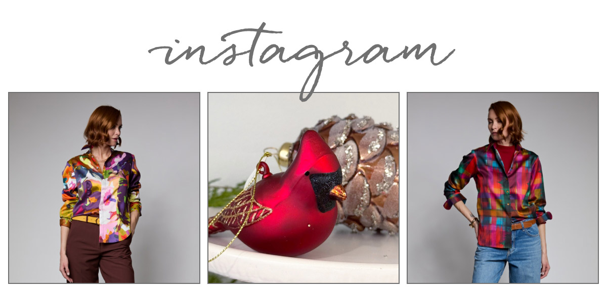 A collage with "Instagram" written at the top. Left and right are women modeling colorful patterned shirts. In the center is a close-up of a red cardinal ornament with gold details, set against a blurred festive background. Fearrington Village