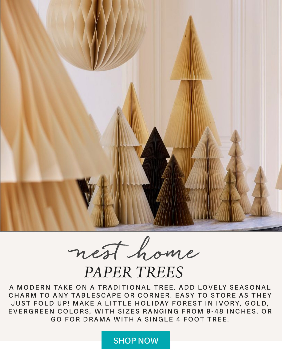 A variety of foldable paper trees in ivory, gold, and evergreen are displayed on a table. They come in various sizes, adding a modern, decorative touch to the space. Fearrington Village