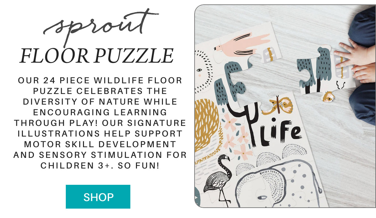 Promotional image for a "Sprout Floor Puzzle" featuring wildlife themed illustrations. Text highlights a 24-piece puzzle that supports motor skill development and sensory stimulation for children 3 and older. Includes a "Shop" button. Fearrington Village