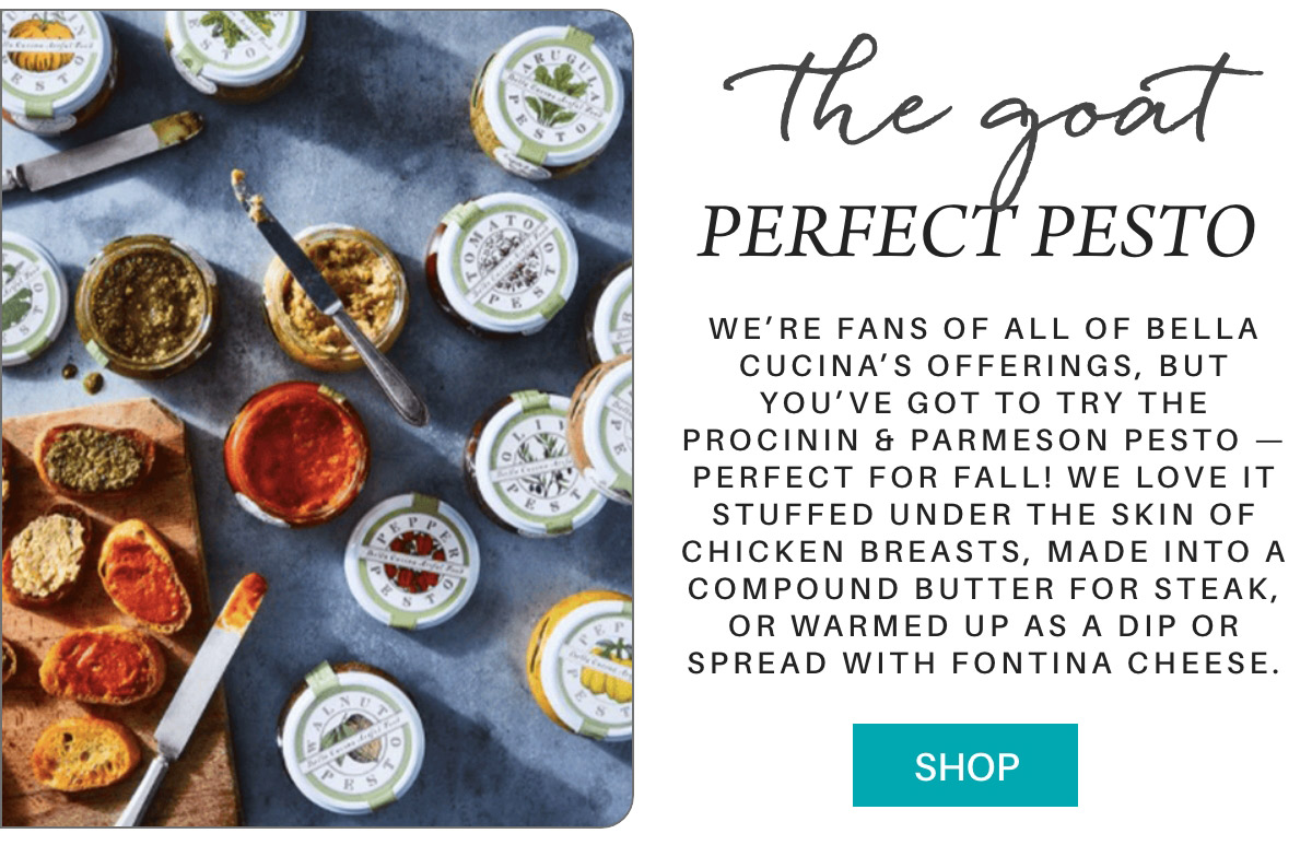 An assortment of Bella Cucina pesto jars with various spreads on a wooden board. The text highlights the porcini and parmesan pesto as ideal for fall. A "Shop" button is at the bottom right. Fearrington Village