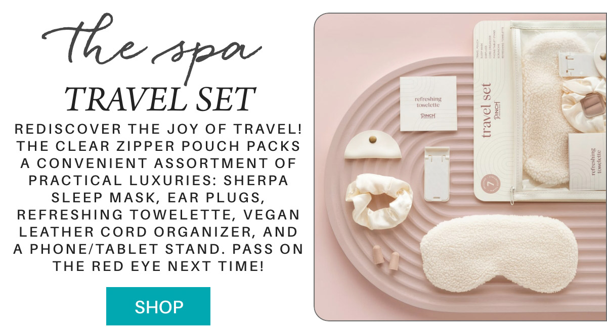 A "The Spa Travel Set" promotional image featuring a variety of travel accessories, including a sleep mask, ear plugs, towelette, cord organizer, and phone stand, arranged on a pink background. Text highlights product features and a "Shop" button. Fearrington Village