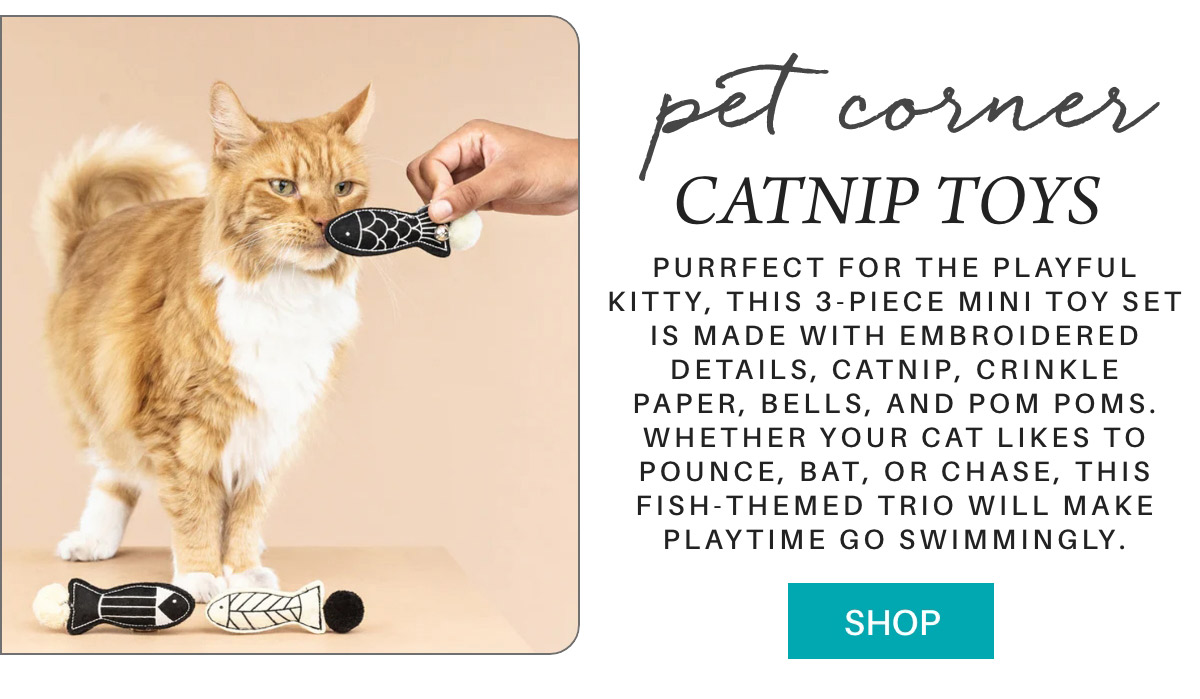 An orange cat plays with a fish-themed catnip toy held by a hand. The image promotes a 3-piece mini toy set for cats, featuring catnip, crinkle paper, bells, and pom poms. Text encourages purchase with a "SHOP" button. Fearrington Village