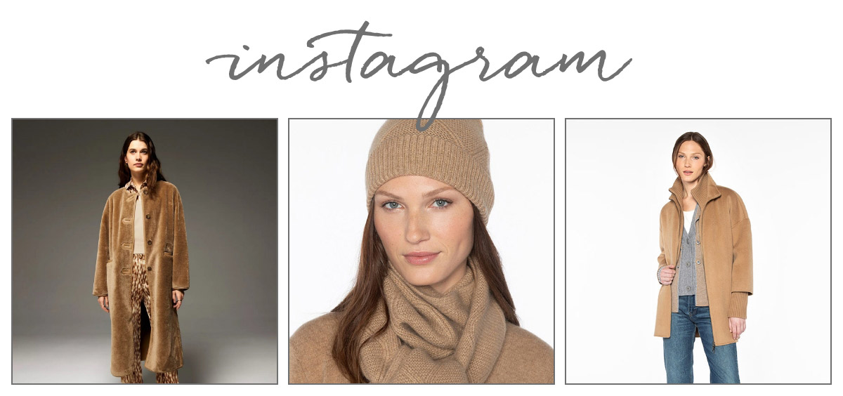 Collage of three images under the word "instagram". Left: Woman in a long tan coat with a fringe scarf. Center: Woman wearing a tan hat and scarf. Right: Woman in a tan jacket over a gray top and jeans. Fearrington Village