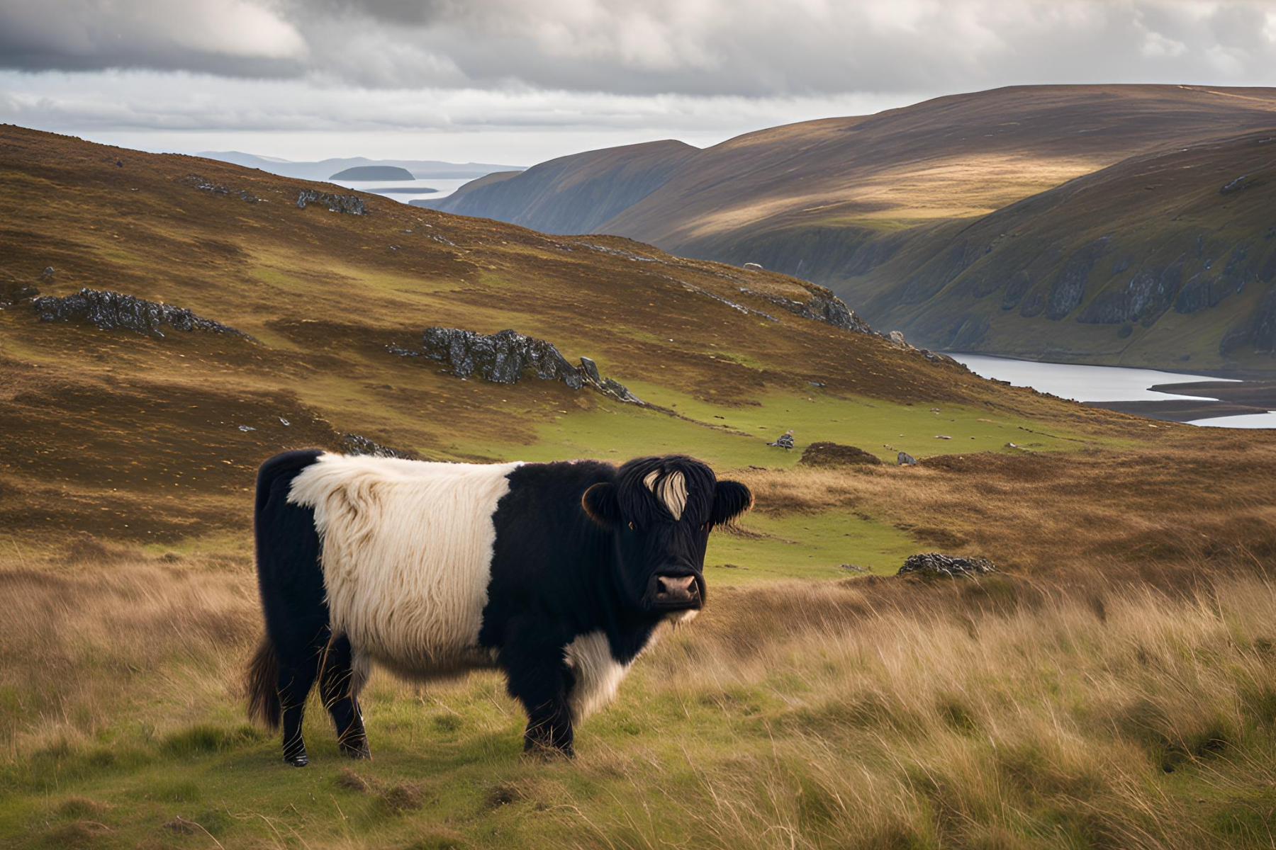 belted galloway cow in the scottish highlands