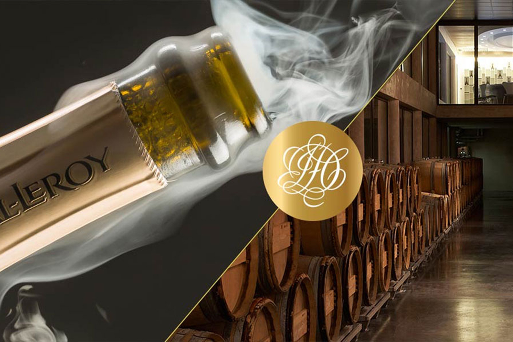 A two-part image: On the left, a close-up of a cigar being smoked. On the right, a row of wooden barrels lined up in a dimly lit storage area. A gold emblem with ornate letters is in the center. Fearrington Village