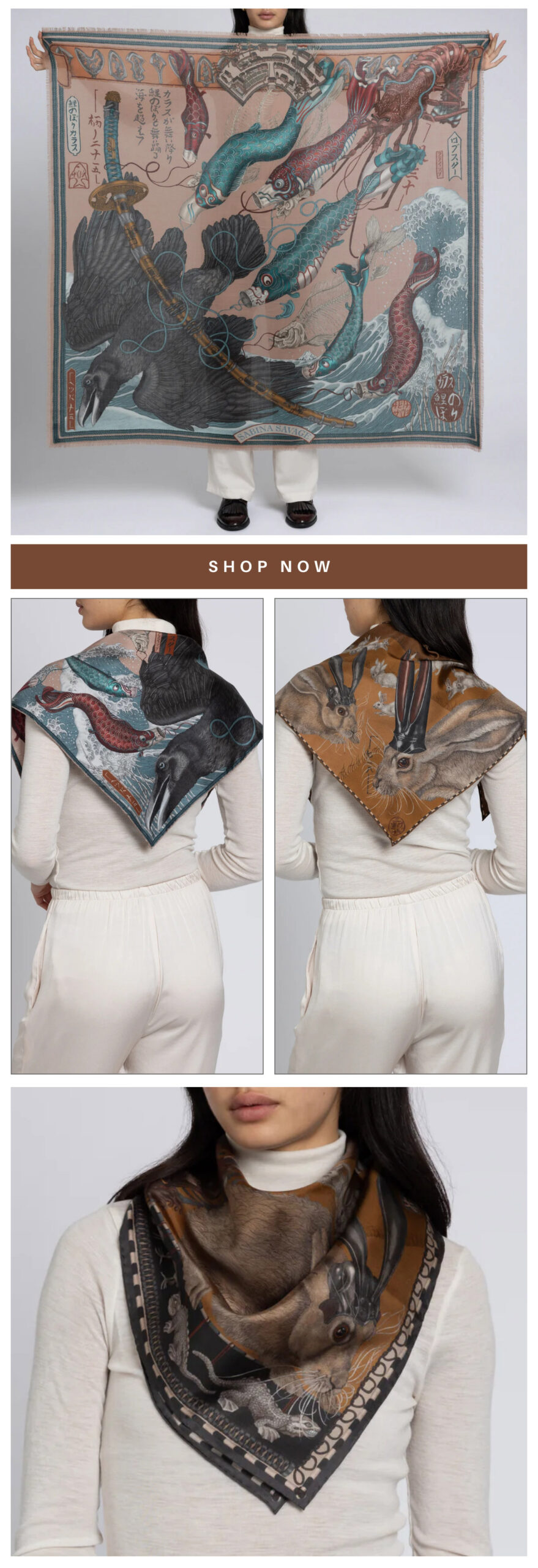 A model displays a large, patterned scarf with animal designs, featuring prominent birds and horses. The scarf is shown worn in various styles around the neck and shoulders. The section below suggests clicking "Shop Now. Fearrington Village