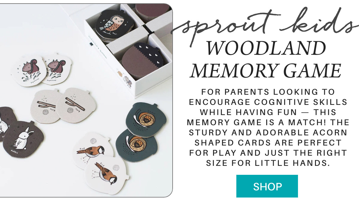 A collection of acorn-shaped cards with woodland animal illustrations is spread out. The box says "Sprout Kids Woodland Memory Game," and the text describes the game as fun and educational for young children. A "Shop" button is visible. Fearrington Village