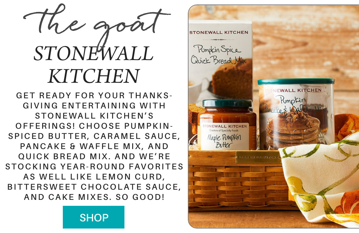 A display of Stonewall Kitchen products including Pumpkin Spice Quick Bread Mix, Maple Pumpkin Butter, and a decorative towel in a wicker basket. Text highlights Thanksgiving offerings, including pumpkin spice and year-round favorites. Shop button included. Fearrington Village