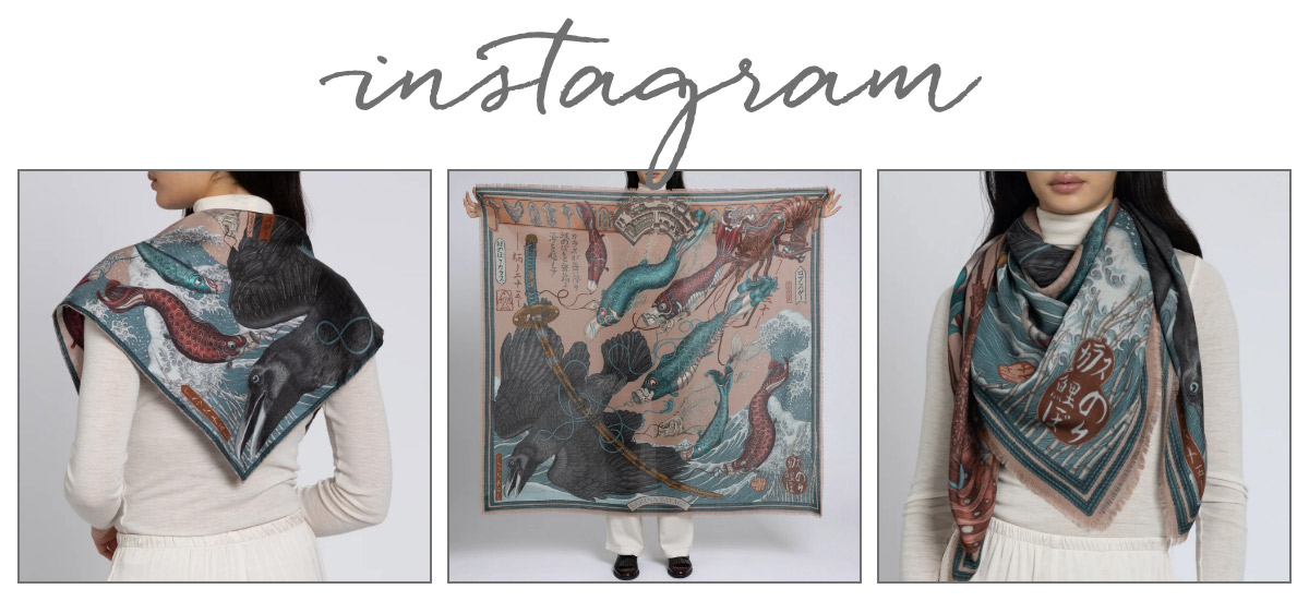 A woman models a large, square scarf featuring an elaborate marine-themed design with mermaids, sea creatures, and nautical elements. The scarf is draped in different styles. The word "Instagram" is written above the images. Fearrington Village