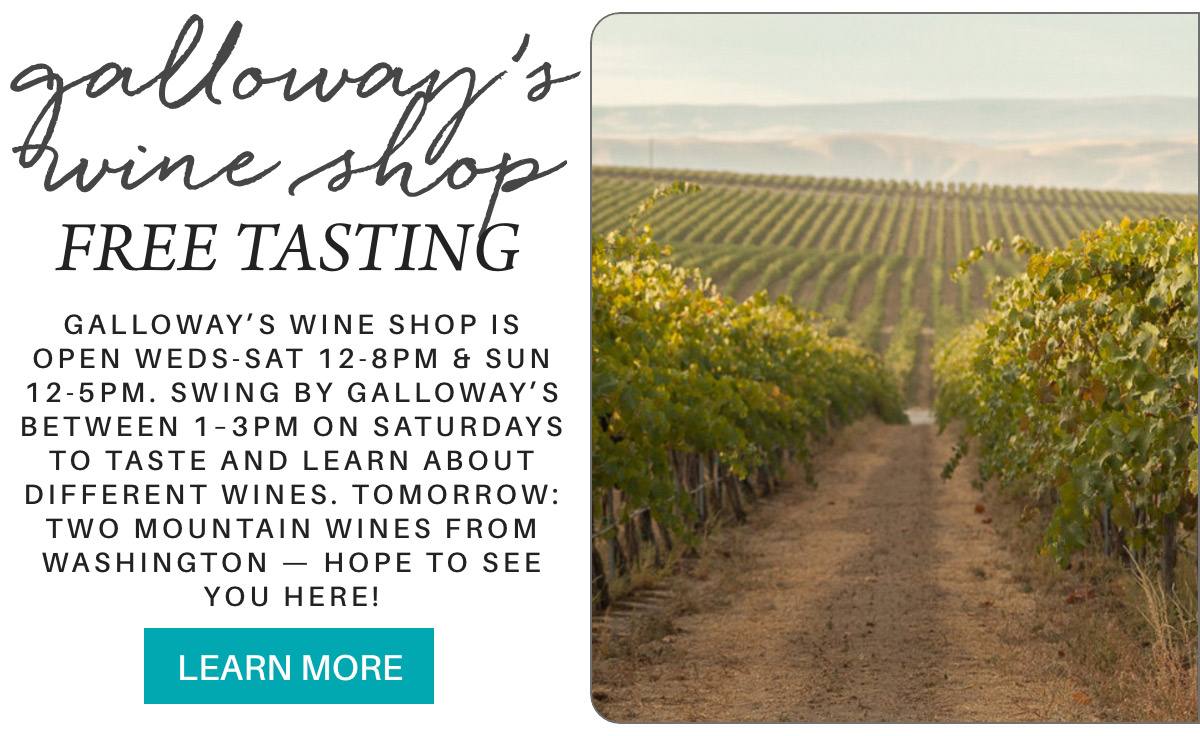 "Galloway's Wine Shop advertisement featuring a vineyard scene. Text offers free wine tastings, shop hours, and a special tasting event. A 'Learn More' button is included. Fearrington Village