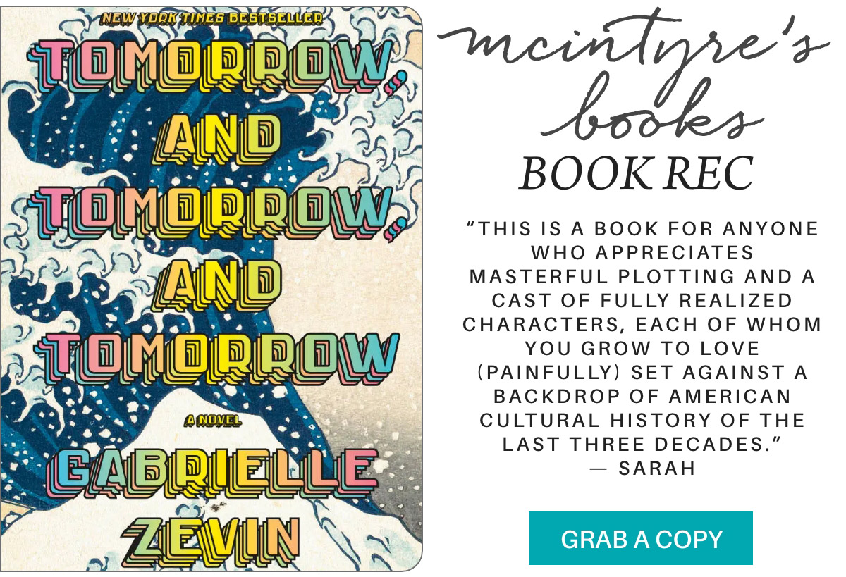 Book recommendation featuring "Tomorrow, and Tomorrow, and Tomorrow" by Gabrielle Zevin, with a colorful wave design. Text highlights the plot and character depth. Button reads "Grab a Copy. Fearrington Village