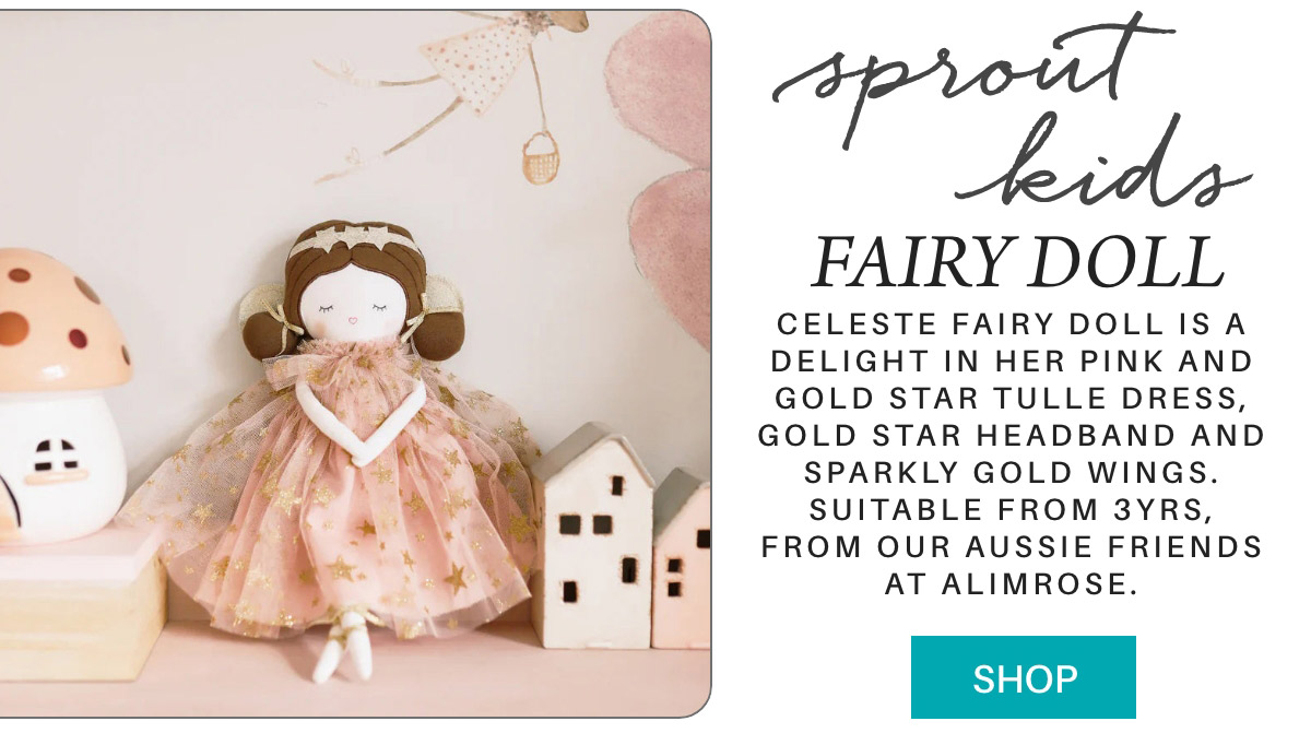 A fairy doll with a pink and gold star tulle dress, gold star headband, and sparkly gold wings is displayed next to small house figurines. Text reads: "Sprout Kids Fairy Doll" with product details and a "Shop" button. Fearrington Village