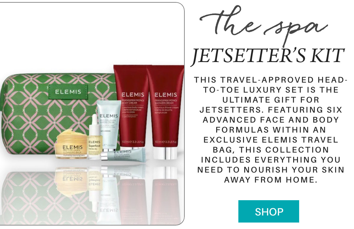 A green and pink patterned Elemis travel bag with six skincare products, including lotions and creams. The text describes it as a spa jetsetter's kit, perfect for travel. A "Shop" button is at the bottom right. Fearrington Village