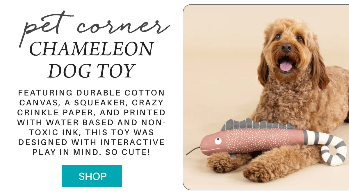 A fluffy, brown dog rests next to a pink and brown stuffed chameleon dog toy. The toy is made of cotton canvas, has a squeaker, and features safe, non-toxic ink. A "Shop" button is displayed below the description. Fearrington Village