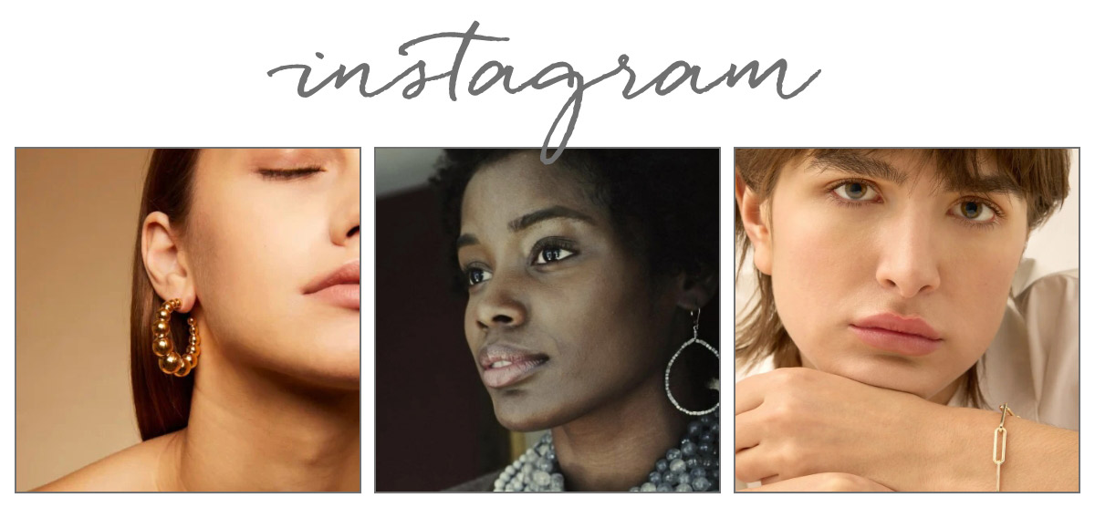 A collage of three close-up photos showcasing diverse individuals modeling jewelry. The left photo shows gold hoop earrings, the center features a silver hoop earring, and the right shows a gold bracelet. The word "Instagram" is written above. Fearrington Village